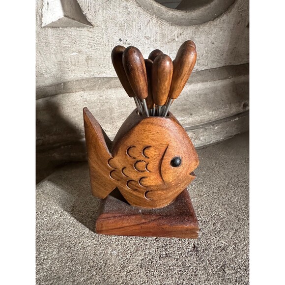 Vintage Mid Century French Retro Wooden Fish Cocktail Pick Holder Rustic - Picture 1 of 2